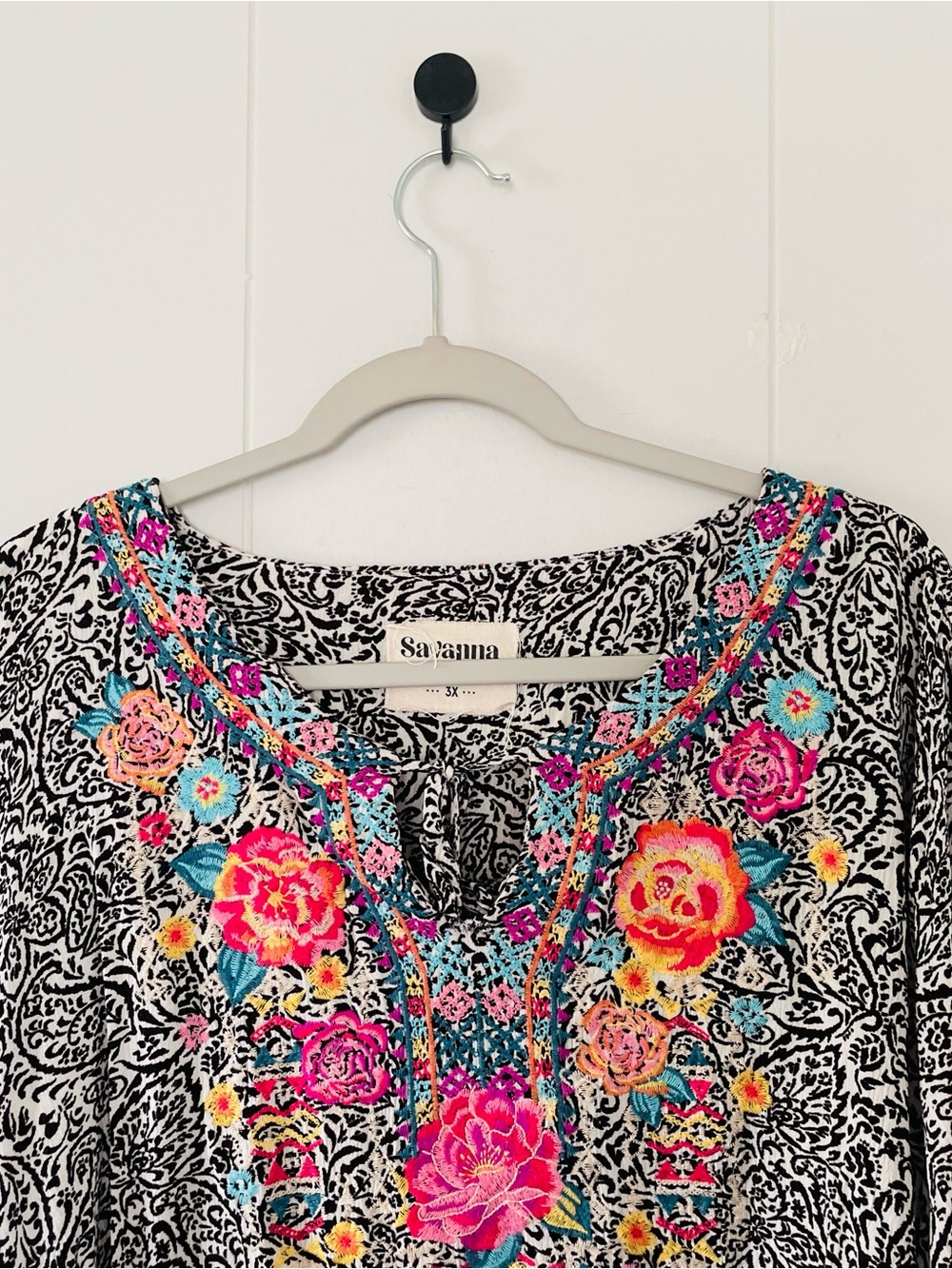 Savanna Jane Black & White Paisley Tunic with Bright Floral Embroidery - Picture 2 of 12